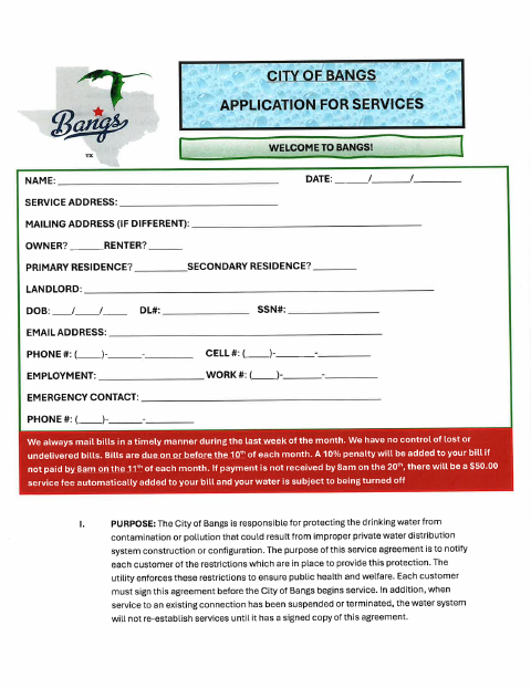 First page of the Utility Services Application