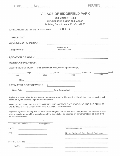 First page of the Application for the Installation of Sheds