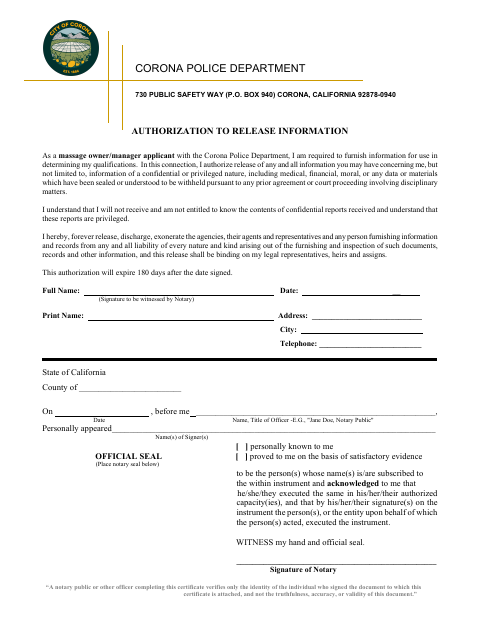 First page of the Massage Authorization to Release Information