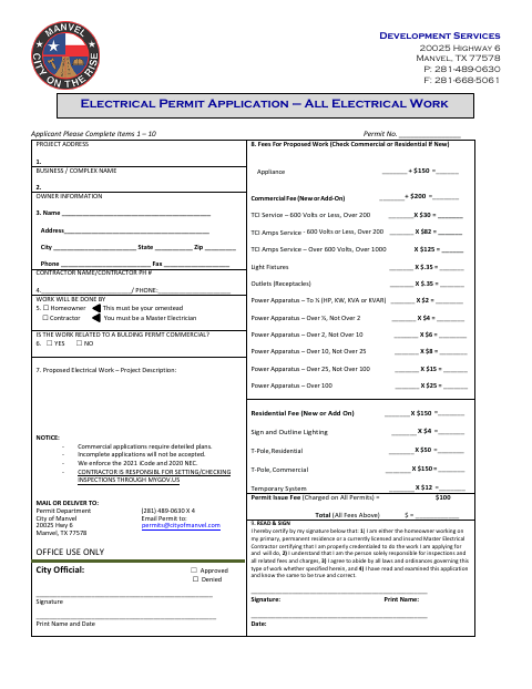 First page of the Electrical Permit Application – All Electrical Work