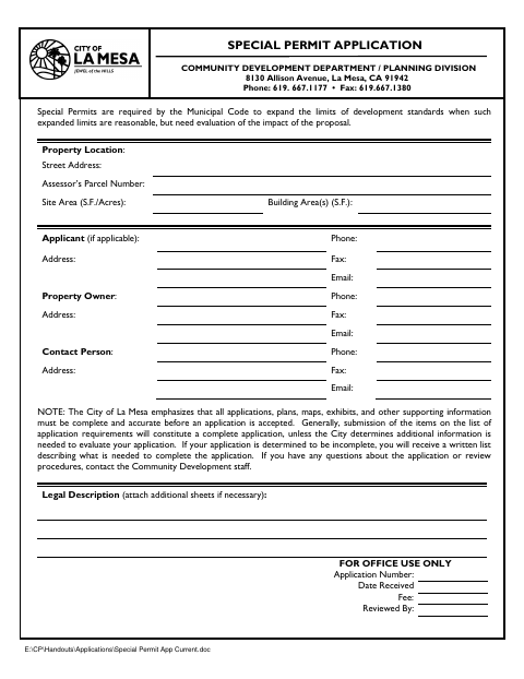 First page of the Special Permit Application