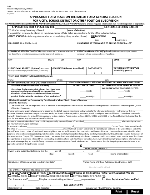 First page of the Application For A Place On The General Election Ballot