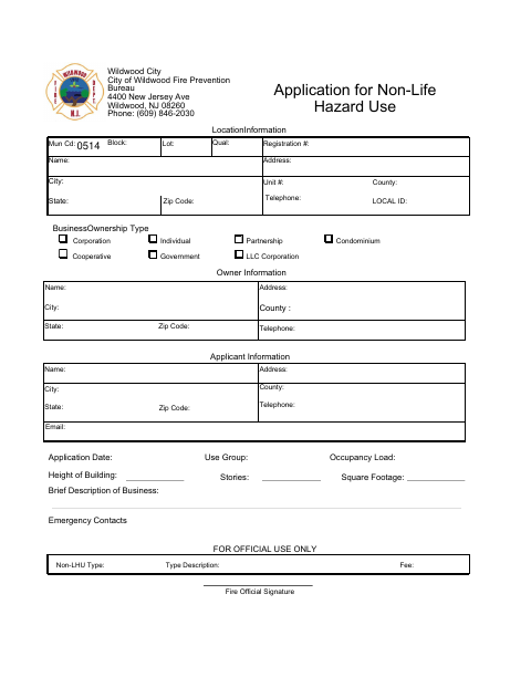 First page of the Application for Non-Life Hazard Use