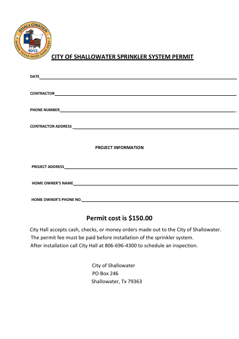 First page of the Sprinkler System Permit