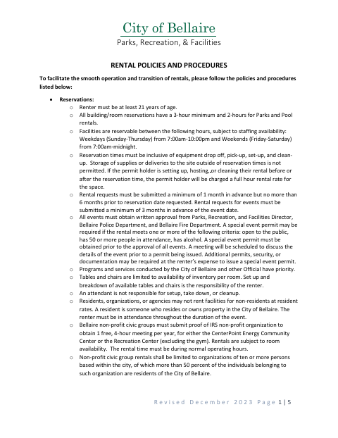 First page of the Rental Policies and Procedures