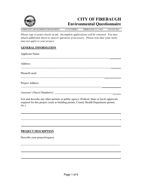First page of the Environmental Questionnaire