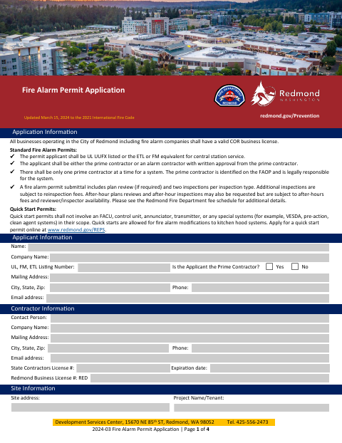 First page of the Fire Alarm Permit Application