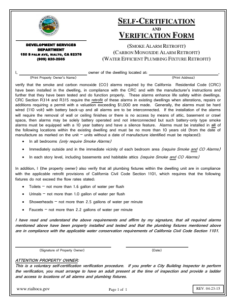 First page of the Self-Certification and Verification Form