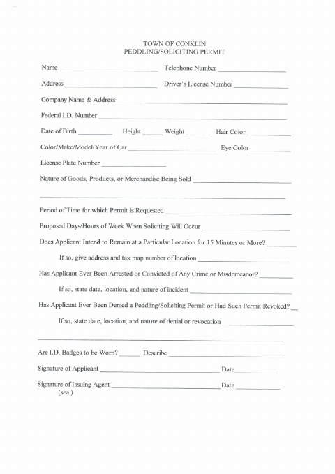 First page of the Peddling and Soliciting Permit