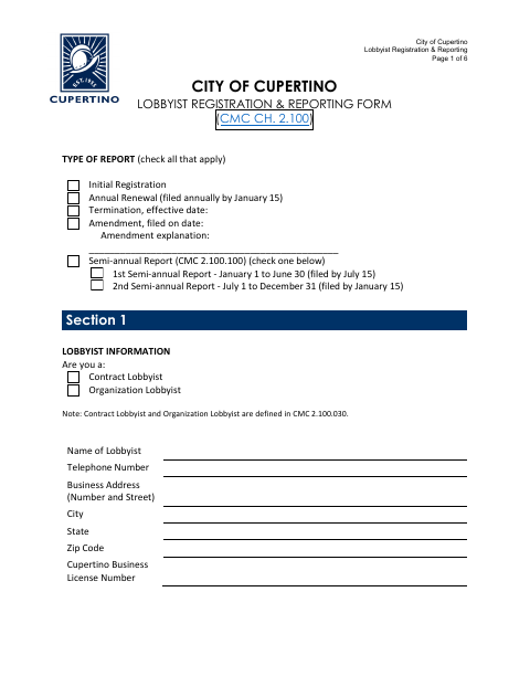 First page of the Lobbyist Registration & Reporting Form