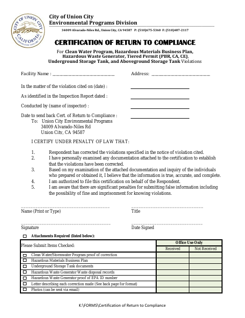 First page of the Certification of Return to Compliance