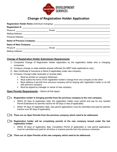 First page of the Change of Registration Holder Application