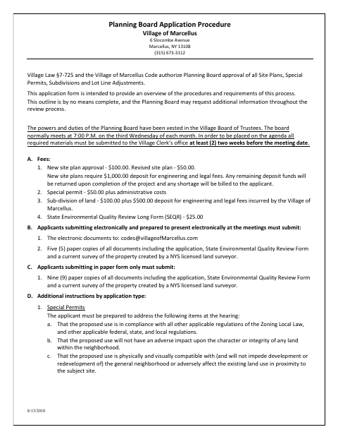 First page of the Planning Board Application