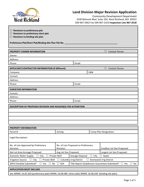 First page of the Land Division Major Revision Application
