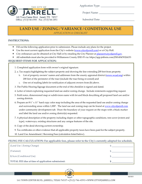 First page of the Land Use, Zoning Change, Variance, and Conditional Use Application
