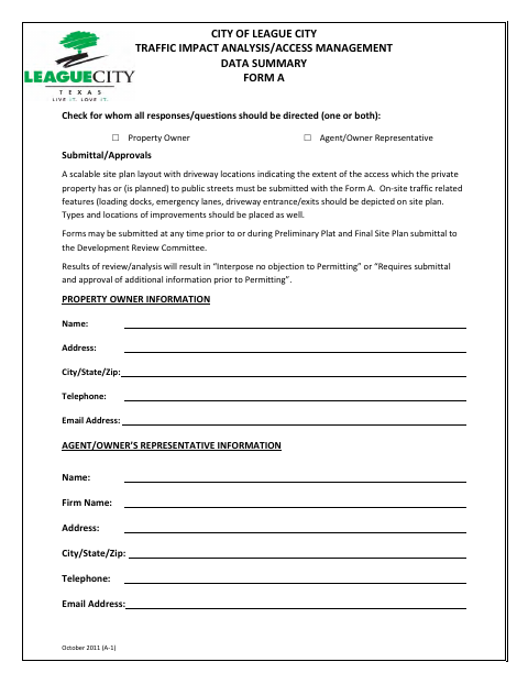 First page of the Traffic Impact Analysis/Access Management Data Summary Form A