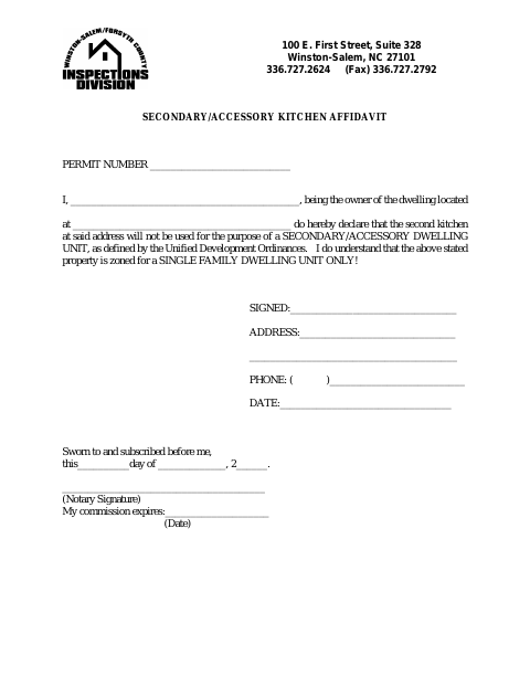 First page of the Secondary/Accessory Kitchen Affidavit