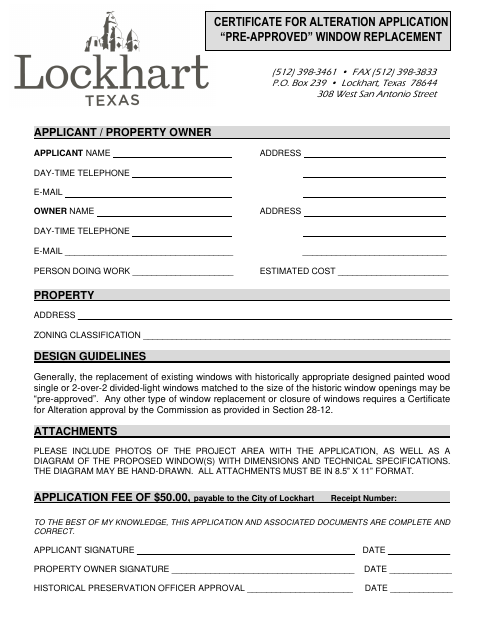 First page of the Pre-Approved Window Replacement Application