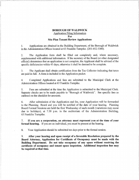 First page of the Planning Board Tenant Review Application