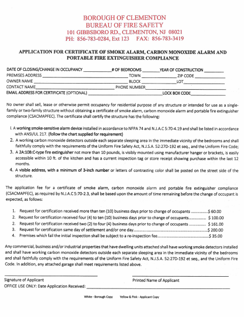 First page of the Application for Smoke Alarm, Carbon Monoxide Alarm and Fire Extinguisher Compliance