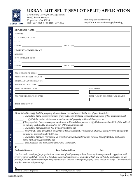 First page of the Urban Lot Split (SB 9) Application Package