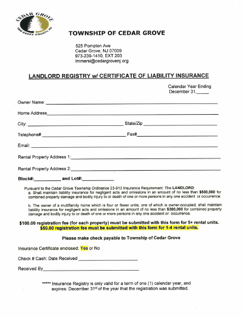 First page of the Landlord Rental Registry Form