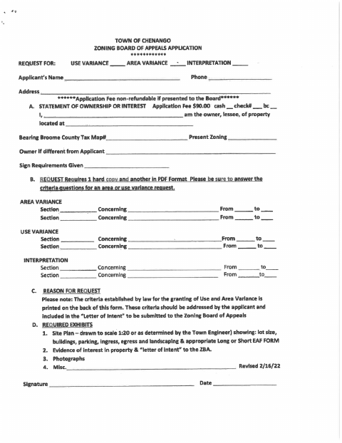 First page of the Zoning Board of Appeals Application