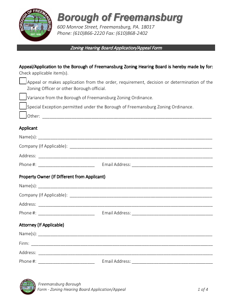 First page of the Zoning Hearing Board Application/Appeal Form