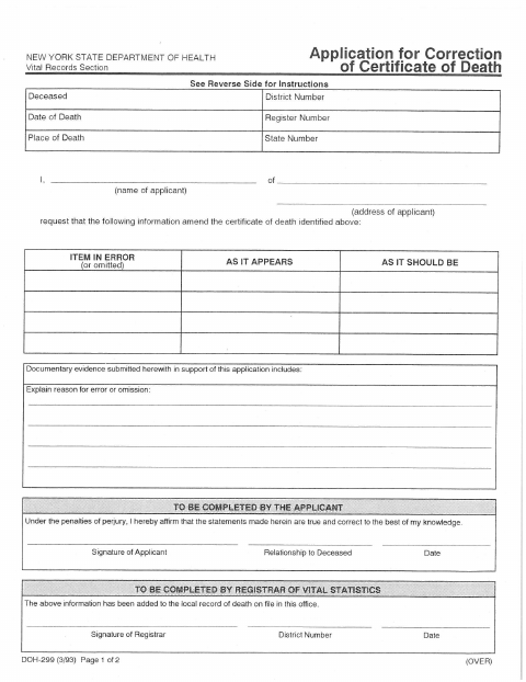 First page of the Death Record Correction Form