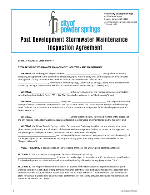 First page of the Post Development Stormwater Maintenance Inspection Agreement