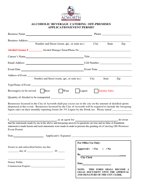 First page of the Alcoholic Beverage Catering Off-Premises Application and Event Permit
