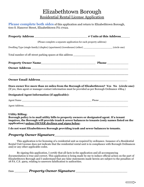 First page of the Residential Rental License Application