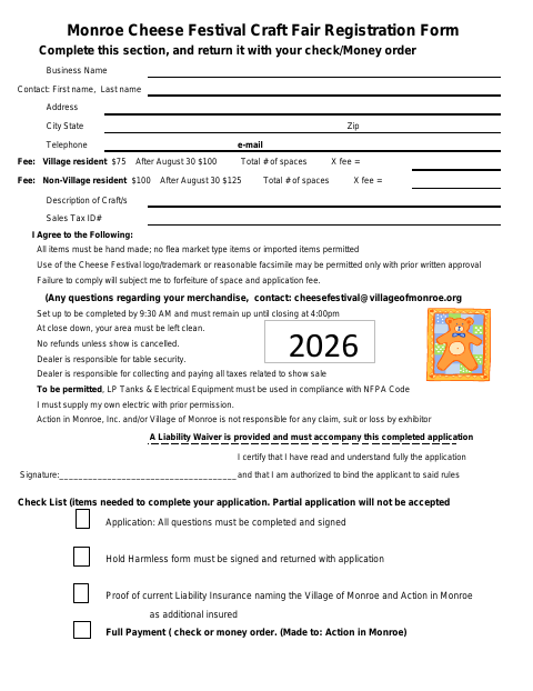 First page of the Cheese Festival Craft Fair Registration Form