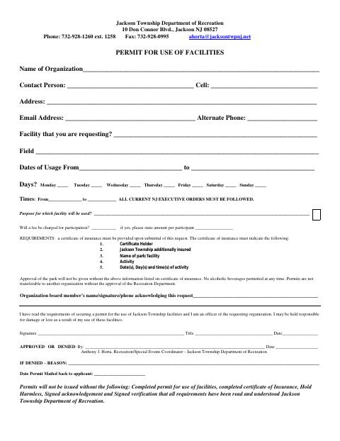 First page of the Permit for Use of Facilities