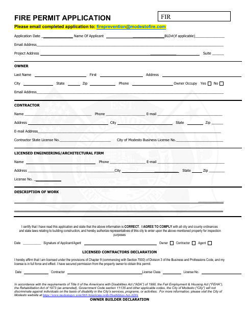 First page of the Fire Permit Application