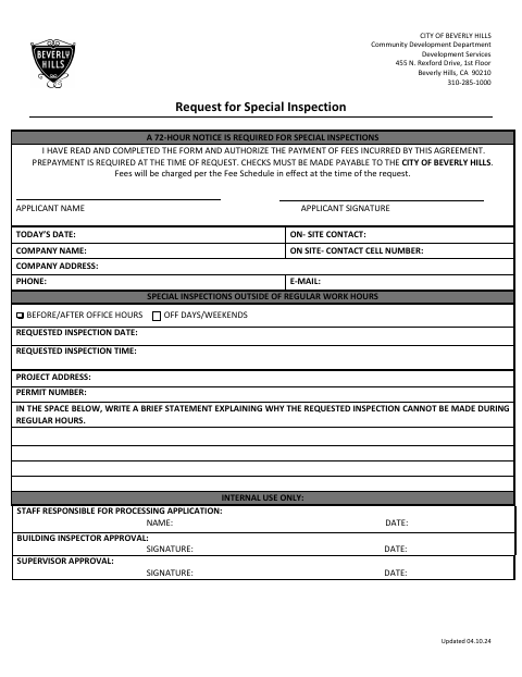 First page of the Request for Special Inspection