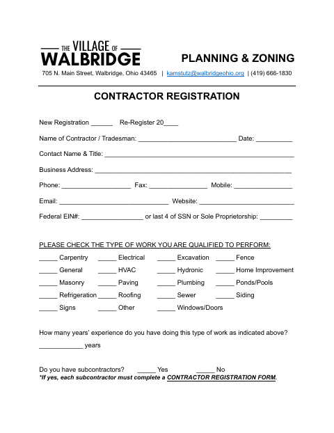 First page of the Contractor Registration