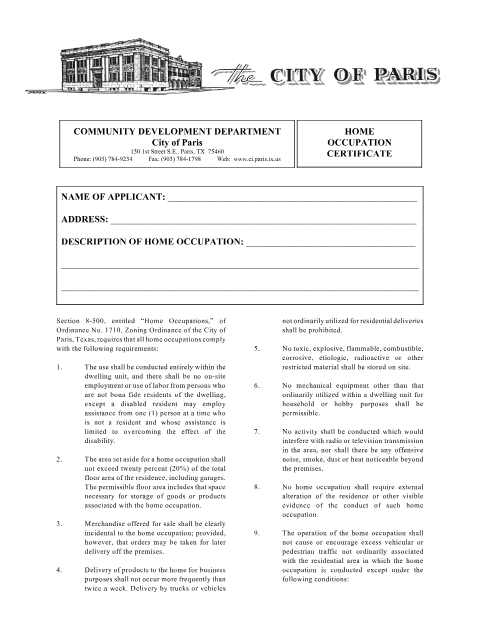 First page of the Home Occupation Certificate Application