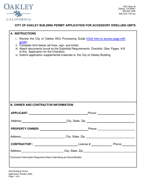 First page of the Building Permit Application for Accessory Dwelling Units