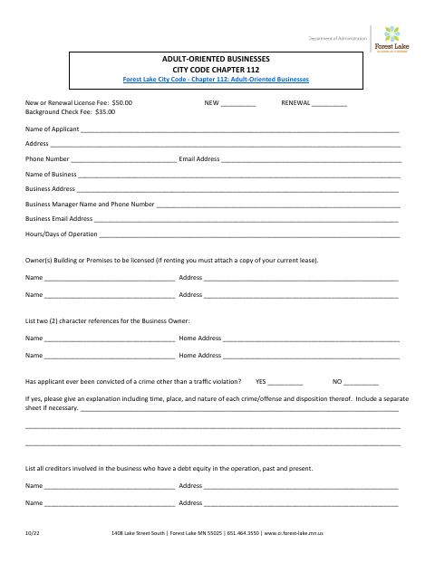 First page of the Adult-Oriented Business License Application