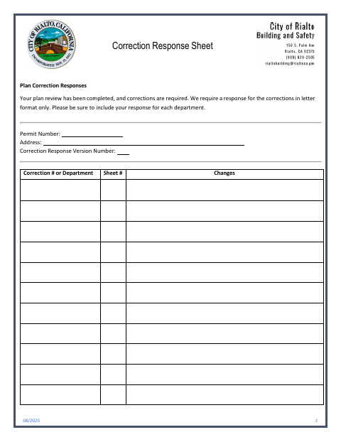 First page of the Correction Response Sheet
