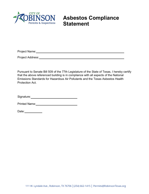 First page of the Asbestos Compliance Statement