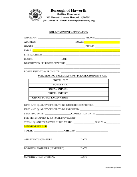 First page of the Soil Movement Application