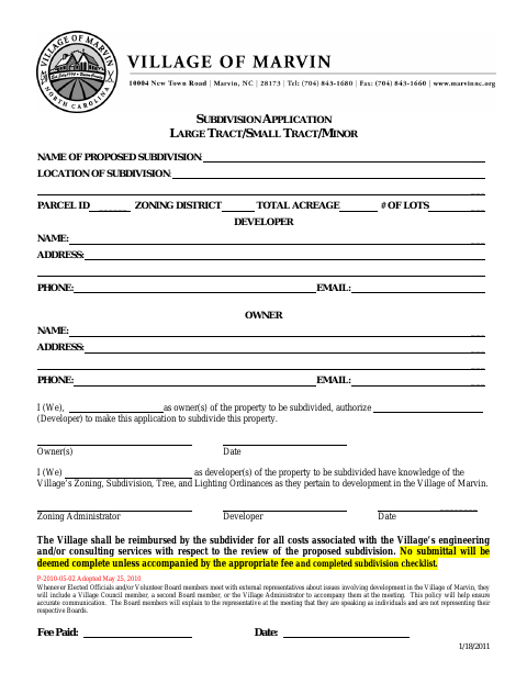 First page of the Subdivision Application