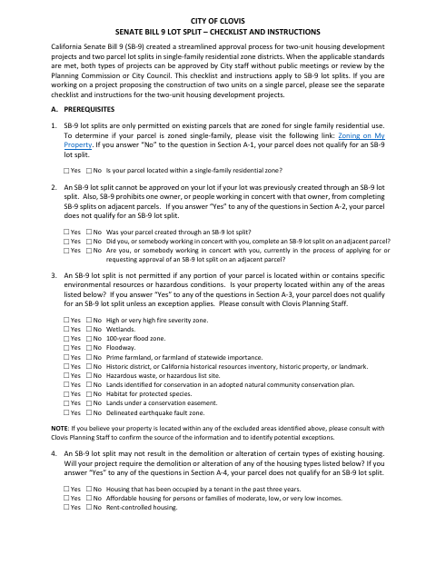 First page of the Senate Bill 9 Lot Split Checklist and Instructions