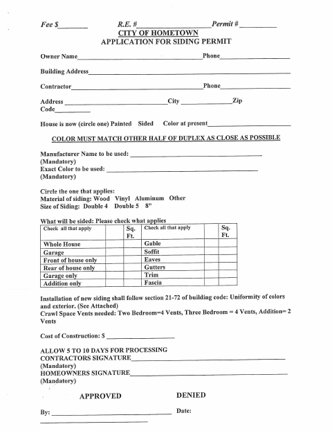 First page of the Siding Permit Application