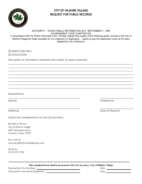 First page of the Request for Public Records