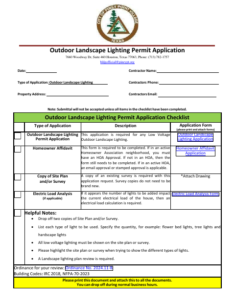 First page of the Outdoor Landscape Lighting Permit Application