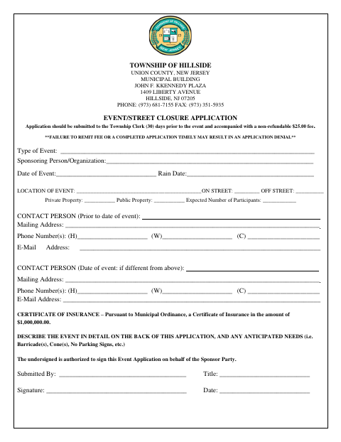 First page of the Event/Street Closure Application