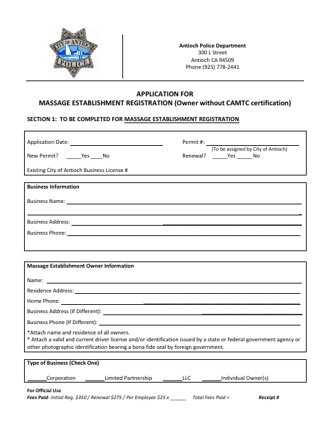 First page of the Massage Establishment Registration Application (Owner Without CAMTC Certification)